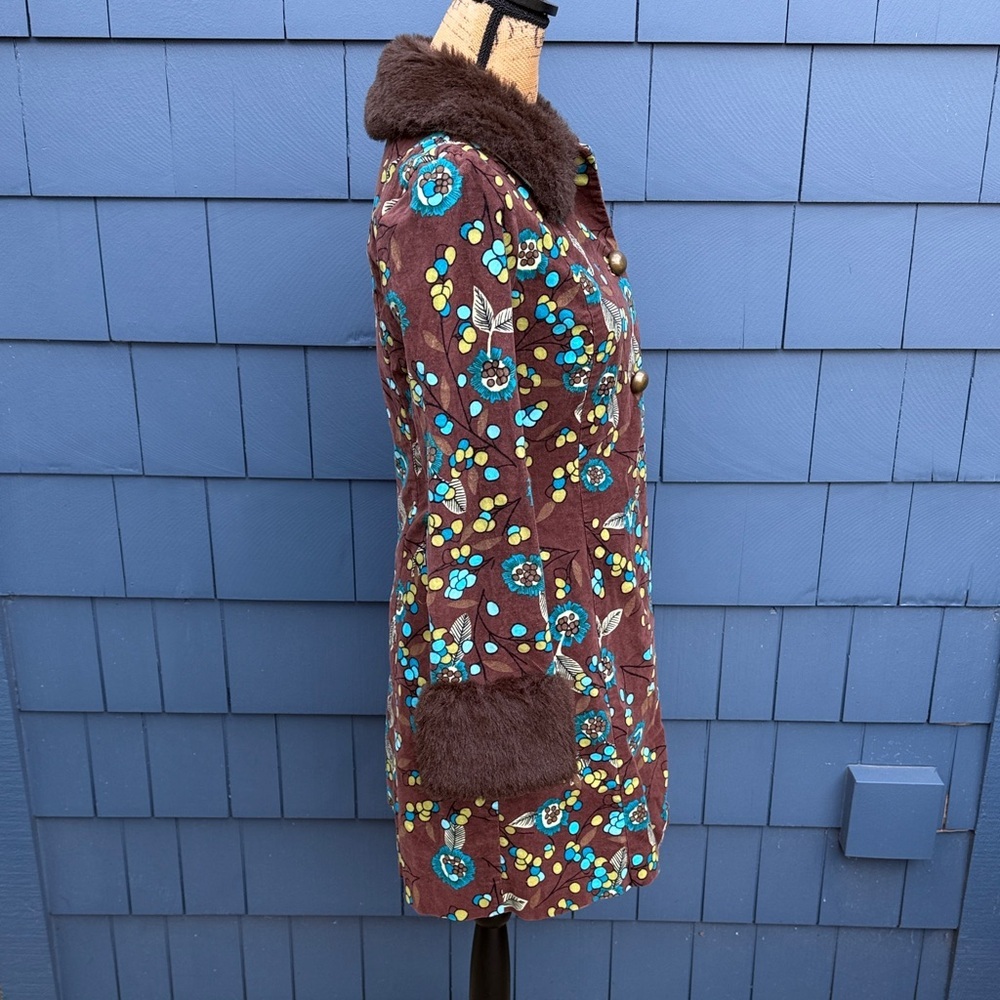 Vintage Sookie des L.A. Floral Brown Coat with Faux Fur Trim velvet - Picture 6 of 12